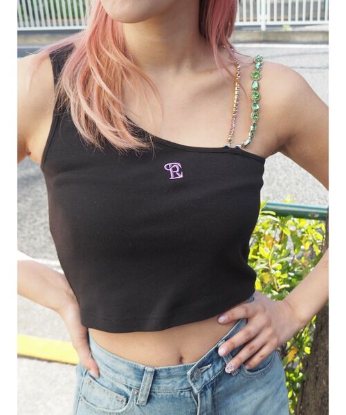 EVRIS(エヴリス)の「ビジューショルダートップス(タンクトップ・レディース・ホワイト/ブラック・FREE)」の2枚目の写真