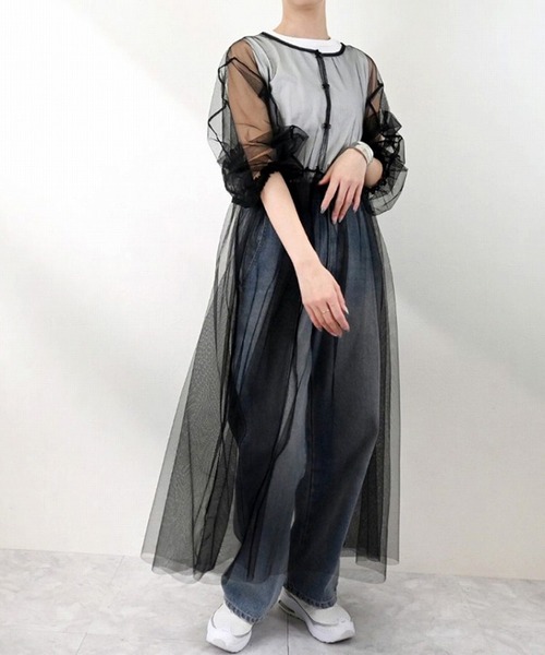 STYLEBLOCK（スタイルブロック）の「チュールシアーオーバーワンピース（ワンピース・レディース・グレー/アイボリー/ブラック/ホワイト/ライトグレー・M）」の4枚目の写真