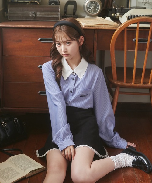 PHILLY（フィリー）の「【PHILLY】ショートラウンドヘムブラウス（シャツ/ブラウス・レディース・ブルー/ホワイト・FREE）」の4枚目の写真