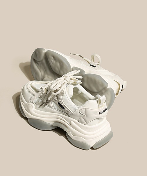 セール】【shoes365】ダブル紐デザイン厚底メッシュスニーカー