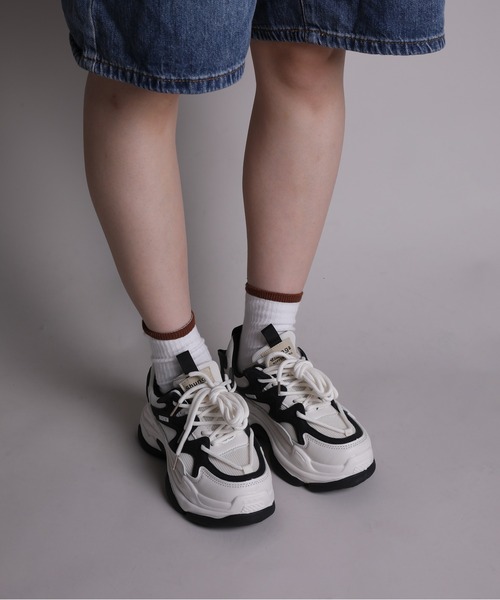 セール】【shoes365】ダブル紐デザイン厚底メッシュスニーカー