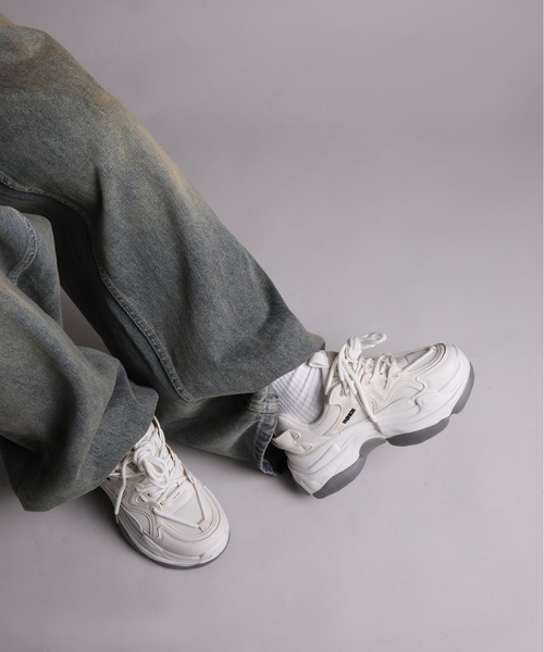 セール】【shoes365】ダブル紐デザイン厚底メッシュスニーカー