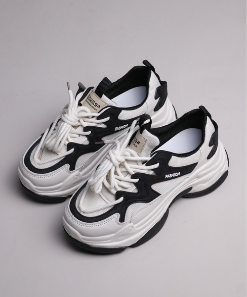 セール】【shoes365】ダブル紐デザイン厚底メッシュスニーカー