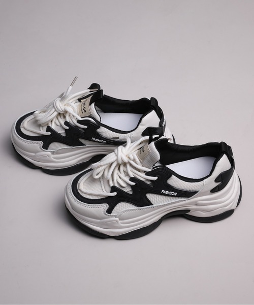 セール】【shoes365】ダブル紐デザイン厚底メッシュスニーカー