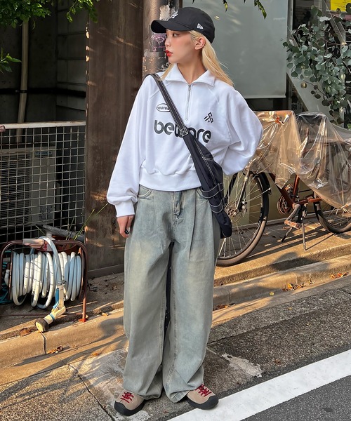 SPINNS(スピンズ)の「BEWAREロゴ ハーフジップスウェット(スウェット・レディース・ピンク/ネイビー/オートミール/オフホワイト/ブラック・ONESIZE)」の7枚目の写真