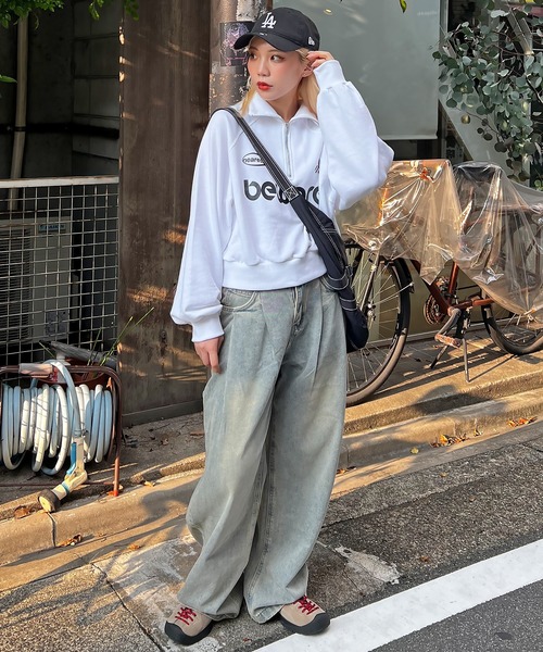 SPINNS(スピンズ)の「BEWAREロゴ ハーフジップスウェット(スウェット・レディース・ピンク/ネイビー/オートミール/オフホワイト/ブラック・ONESIZE)」の8枚目の写真