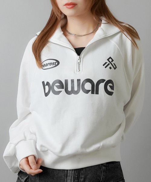 SPINNS(スピンズ)の「BEWAREロゴ ハーフジップスウェット(スウェット・レディース・ピンク/ネイビー/オートミール/オフホワイト/ブラック・ONESIZE)」の12枚目の写真