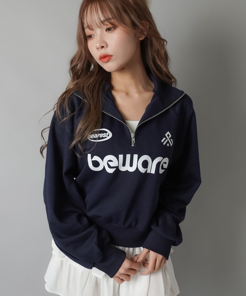 SPINNS(スピンズ)の「BEWAREロゴ ハーフジップスウェット(スウェット・レディース・ピンク/ネイビー/オートミール/オフホワイト/ブラック・ONESIZE)」の21枚目の写真