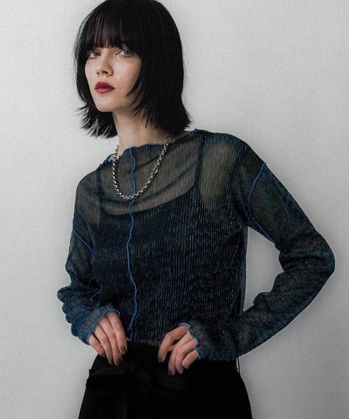 CHANEL✨ ラメ入り素材ネイビートップス セール】デザインラメシアートップス(HARE)（Tシャツ/カットソー