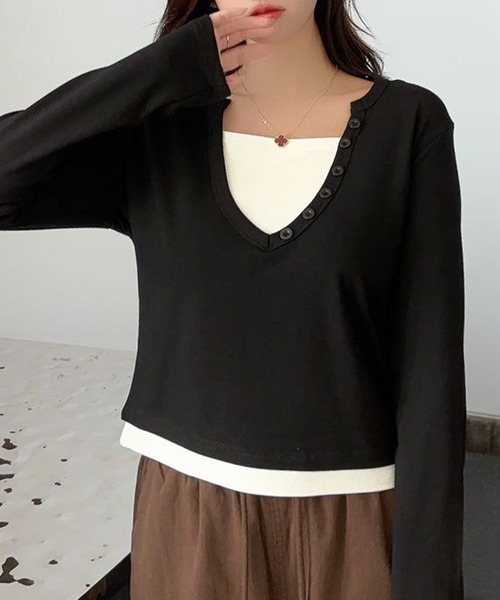 aimoha(アイモハ)の「ボタン付きVネックレイヤードトップス(Tシャツ/カットソー・レディース・グレー/ブラック/チョコ/カーキ/ワインレッド・FREE)」の7枚目の写真