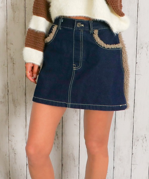 セール】《Y2Kムード》レディース ボア付き デニム ミニスカート 秋冬