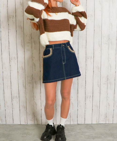 セール】《Y2Kムード》レディース ボア付き デニム ミニスカート 秋冬