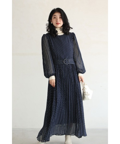 cawaii（カワイイ）の「（濃紺）クラシカルなシアードットロングワンピース（ベルト付き）（ワンピース・レディース・ネイビー・FREE）」の2枚目の写真