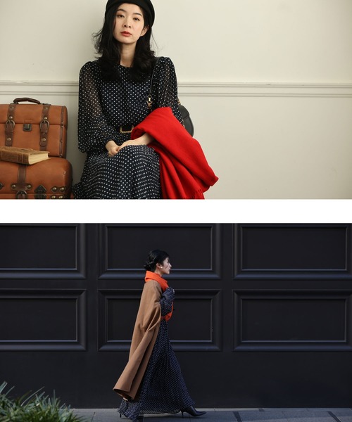 cawaii（カワイイ）の「（濃紺）クラシカルなシアードットロングワンピース（ベルト付き）（ワンピース・レディース・ネイビー・FREE）」の5枚目の写真