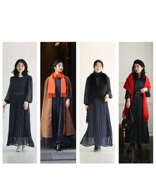 cawaii（カワイイ）の「（濃紺）クラシカルなシアードットロングワンピース（ベルト付き）（ワンピース・レディース・ネイビー・FREE）」の8枚目の写真