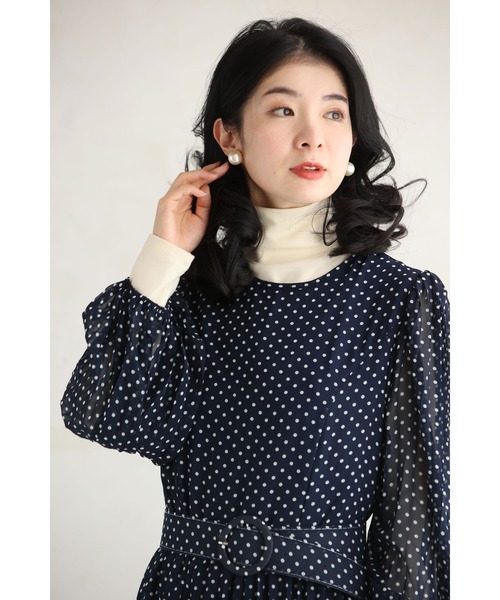cawaii（カワイイ）の「（濃紺）クラシカルなシアードットロングワンピース（ベルト付き）（ワンピース・レディース・ネイビー・FREE）」の6枚目の写真