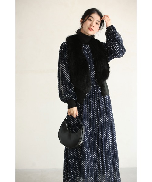 cawaii（カワイイ）の「（濃紺）クラシカルなシアードットロングワンピース（ベルト付き）（ワンピース・レディース・ネイビー・FREE）」の9枚目の写真