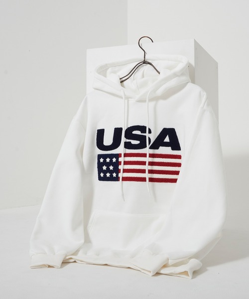 KOREAN SELECT】USA ロゴ 星条旗 サガラ刺繍 裏起毛 スウェット プル