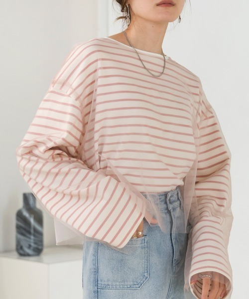 Bab(バブ)の「チュールボーダートップス(Tシャツ/カットソー・レディース・ホワイト/グレー/ピンク・FREE)」の2枚目の写真