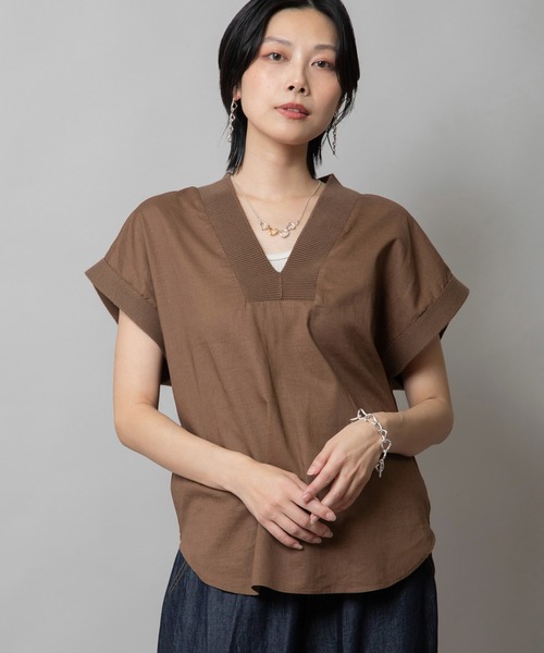 Munich（ミューニック）の「【吸水性・発散性】コットンリネンドッキングリブトップス（シャツ/ブラウス・レディース・ブラック/ベージュ/ブラウン・FREE）」の2枚目の写真