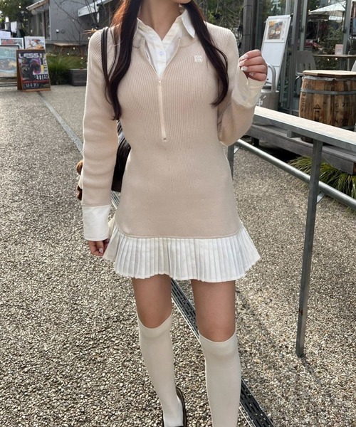 one after another NICE CLAUP(ワンアフターアナザーナイスクラップ)の「【Nono企画】ドッキングプリーツミニワンピース(ワンピース・レディース・杢グレー/ライトベージュ/ネイビー・FREE)」の18枚目の写真