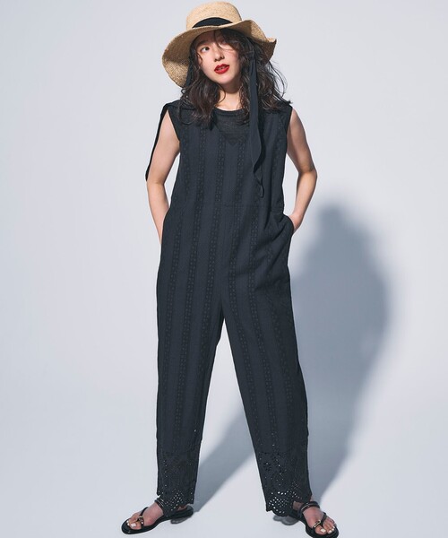 23区S 32 コットンエンブロイダリー オールインワン ネイビー サロペット セール】【洗える】コットンエンブロイダリー オールインワン