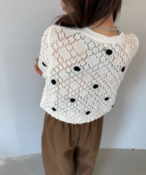 SANSeLF（サンセルフ）の「【SANSeLF】 ドット編みニットカーディガン Uネック sanw25s047（カーディガン/ボレロ・レディース・ホワイト/ピンク・FREE）」の6枚目の写真