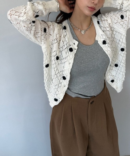 SANSeLF（サンセルフ）の「【SANSeLF】 ドット編みニットカーディガン Uネック sanw25s047（カーディガン/ボレロ・レディース・ホワイト/ピンク・FREE）」の8枚目の写真