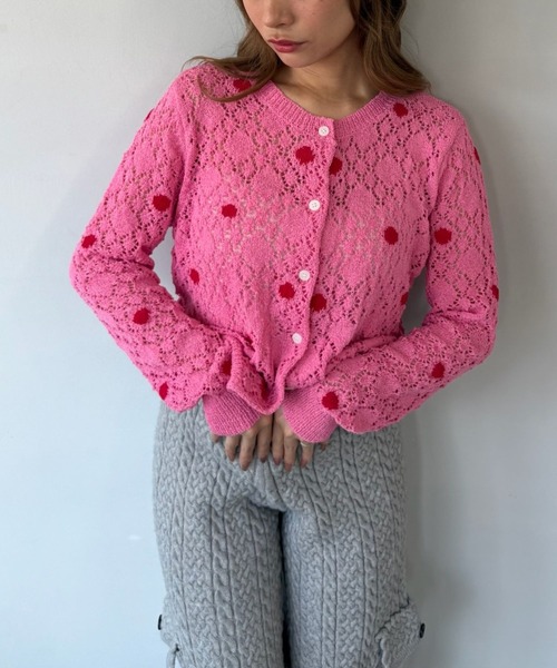 SANSeLF（サンセルフ）の「【SANSeLF】 ドット編みニットカーディガン Uネック sanw25s047（カーディガン/ボレロ・レディース・ホワイト/ピンク・FREE）」の10枚目の写真