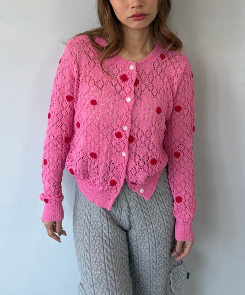 SANSeLF（サンセルフ）の「【SANSeLF】 ドット編みニットカーディガン Uネック sanw25s047（カーディガン/ボレロ・レディース・ホワイト/ピンク・FREE）」の11枚目の写真