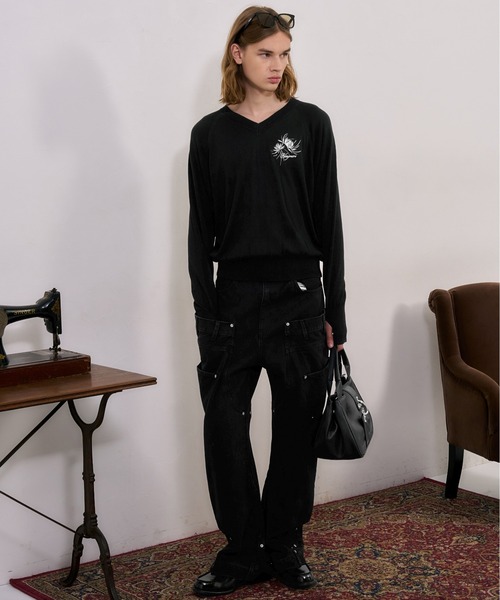 BLAYMORE(ブレイモア)の「【BLAYMORE】Waterlily V-neck Knit / 睡蓮刺繍 サムホール(ニット/セーター・メンズ・ブラック/ピンク・M/S)」の13枚目の写真