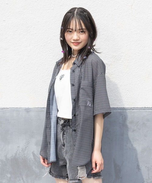 repipi armario（レピピ アルマリオ）の「【接触冷感/UVカット】チェックルーズシャツ（シャツ/ブラウス・キッズ・ホワイト/ピンク/ブラック・MEDIUM/LARGE）」の12枚目の写真