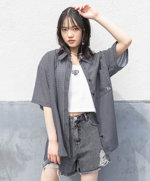 repipi armario（レピピ アルマリオ）の「【接触冷感/UVカット】チェックルーズシャツ（シャツ/ブラウス・キッズ・ホワイト/ピンク/ブラック・MEDIUM/LARGE）」の13枚目の写真