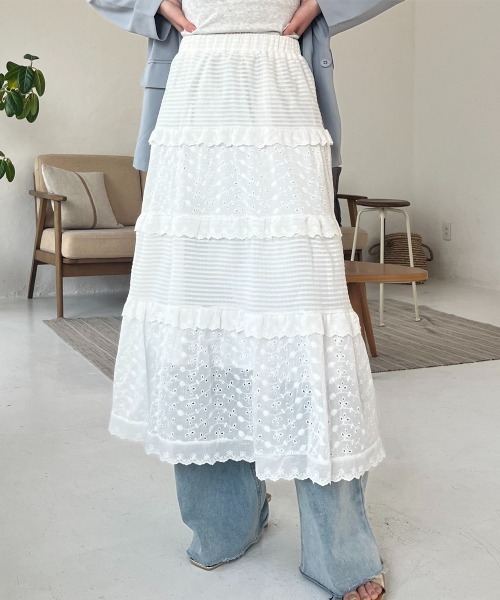 ジュメロ feather rame skirt ロングスカート ホワイト アシメフリル