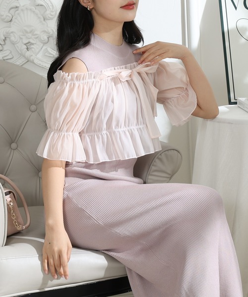 Lace Ladies(レースレディース)の「シアー リボンオフショルトップス付き リブニット ワンピー(ワンピース・レディース・ブラック/ベージュ/ピンク・FREE/S)」の3枚目の写真