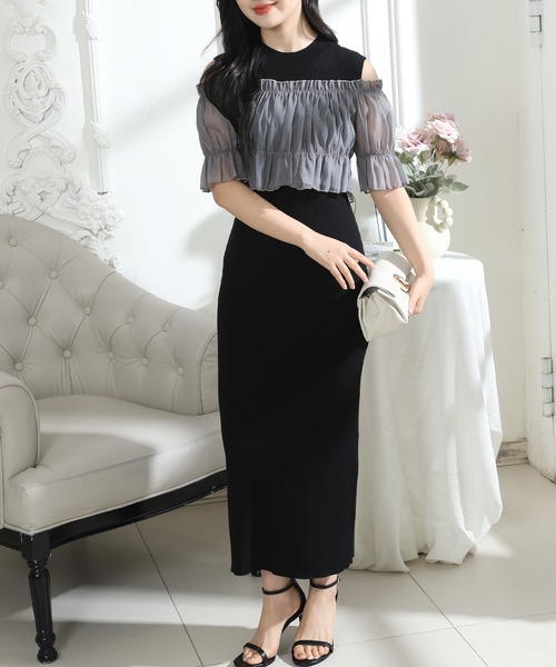 Lace Ladies(レースレディース)の「シアー リボンオフショルトップス付き リブニット ワンピー(ワンピース・レディース・ブラック/ベージュ/ピンク・FREE/S)」の4枚目の写真