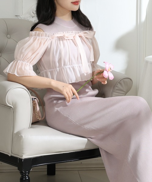 Lace Ladies(レースレディース)の「シアー リボンオフショルトップス付き リブニット ワンピー(ワンピース・レディース・ブラック/ベージュ/ピンク・FREE/S)」の14枚目の写真