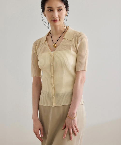 ROPE'（ロペ）の「【洗える】【WEB・一部店舗限定】シアーリブＶネックポロニット（ニット/セーター・レディース・ターコイズブルー/ブラック/ベージュ/ピンク・FREE）」の3枚目の写真