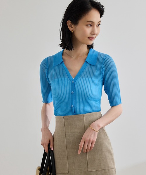 ROPE'（ロペ）の「【洗える】【WEB・一部店舗限定】シアーリブＶネックポロニット（ニット/セーター・レディース・ターコイズブルー/ブラック/ベージュ/ピンク・FREE）」の4枚目の写真