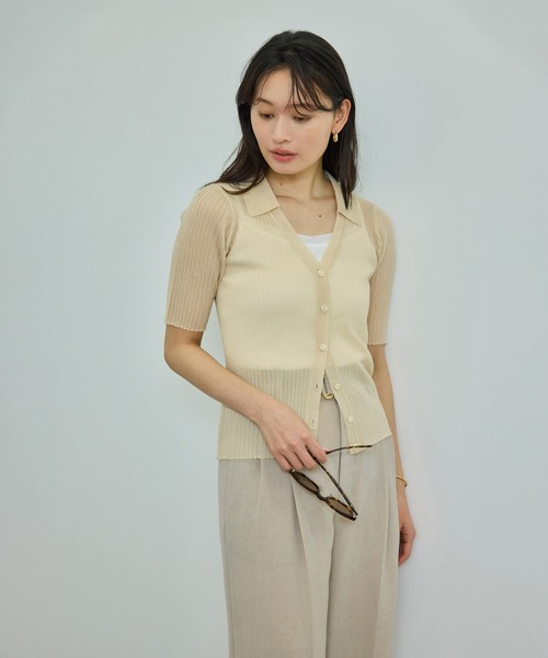 ROPE'（ロペ）の「【洗える】【WEB・一部店舗限定】シアーリブＶネックポロニット（ニット/セーター・レディース・ターコイズブルー/ブラック/ベージュ/ピンク・FREE）」の7枚目の写真