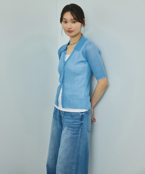 ROPE'（ロペ）の「【洗える】【WEB・一部店舗限定】シアーリブＶネックポロニット（ニット/セーター・レディース・ターコイズブルー/ブラック/ベージュ/ピンク・FREE）」の12枚目の写真