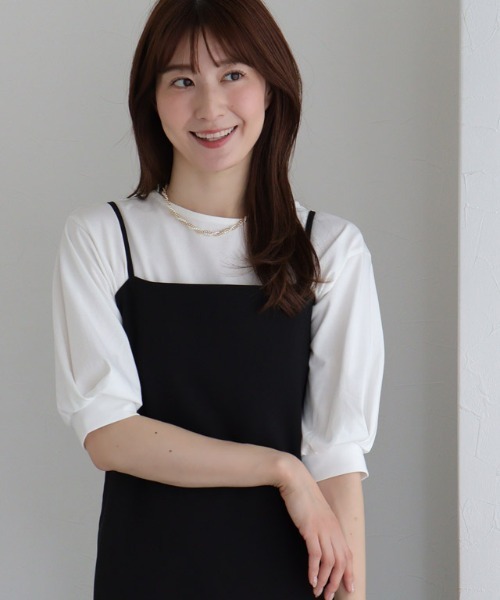 Pierrot（ピエロ）の「【イージーケア】ボートネックパフスリーブオーバーTシャツ（Tシャツ/カットソー・レディース・チャコール/ピンク/ブラック/グレイッシュベージュ/オフホワイト・M/L）」の2枚目の写真