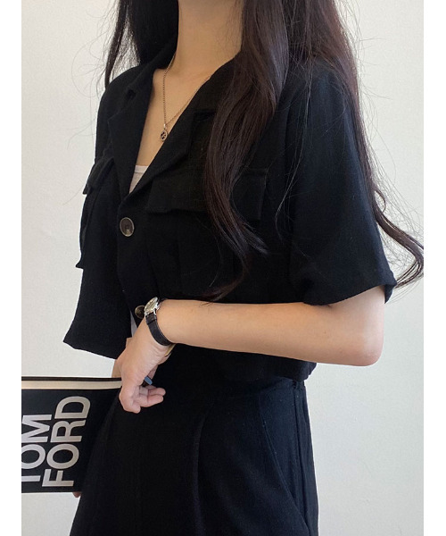 VIVID LADY(ビビッドレディー)の「リネン 半袖ショート丈 ジャケット(テーラードジャケット・レディース・オートミール/ブラック/アイボリー・FREE)」の5枚目の写真