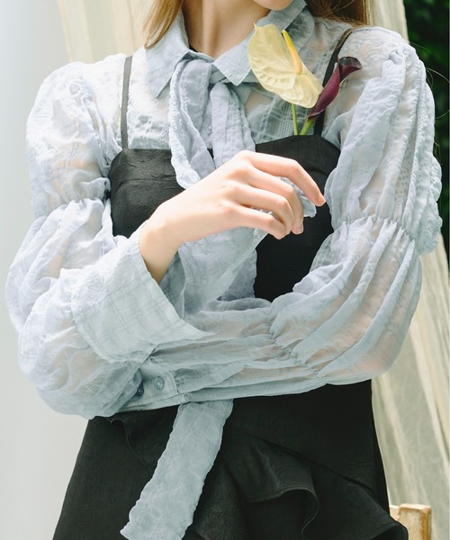 loin nuit(ロワンニュイ)の「sheer plaid ribbon shirt / シアープラッドリボンシャツ(シャツ/ブラウス・レディース・ホワイト/パープル/ブルー/ピンク・FREE)」の7枚目の写真