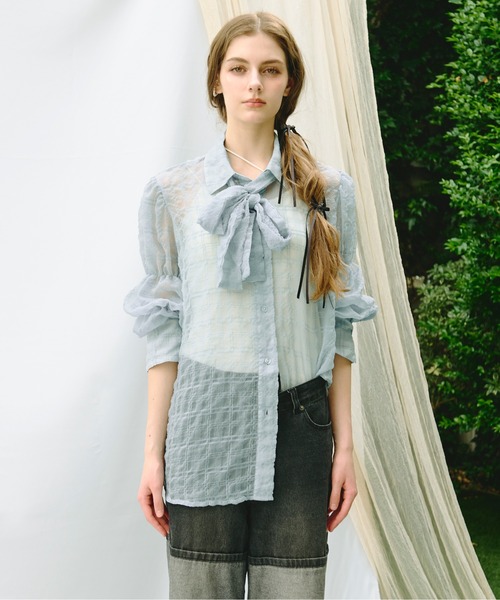 loin nuit(ロワンニュイ)の「sheer plaid ribbon shirt / シアープラッドリボンシャツ(シャツ/ブラウス・レディース・ホワイト/パープル/ブルー/ピンク・FREE)」の16枚目の写真