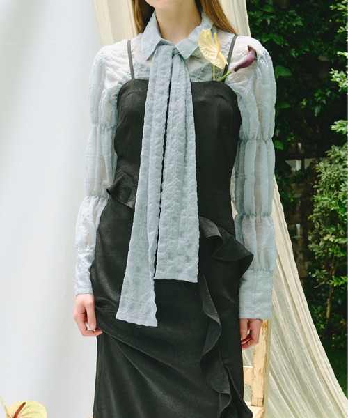 loin nuit(ロワンニュイ)の「sheer plaid ribbon shirt / シアープラッドリボンシャツ(シャツ/ブラウス・レディース・ホワイト/パープル/ブルー/ピンク・FREE)」の5枚目の写真