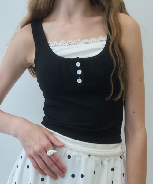 Birthday room(バースデイルーム)の「レース付レイヤードタンクトップ/layered tank top with lace(タンクトップ・レディース・ブラック/グレー・FREE)」の1枚目の写真