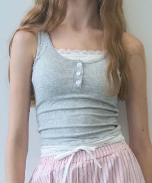 Birthday room(バースデイルーム)の「レース付レイヤードタンクトップ/layered tank top with lace(タンクトップ・レディース・ブラック/グレー・FREE)」の12枚目の写真