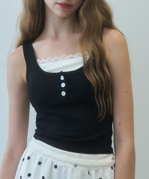 Birthday room(バースデイルーム)の「レース付レイヤードタンクトップ/layered tank top with lace(タンクトップ・レディース・ブラック/グレー・FREE)」の3枚目の写真