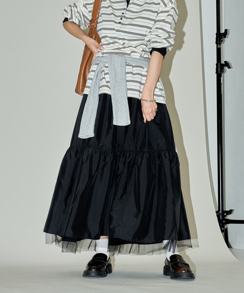 PUBLUX(パブリュクス)の「PUBLUX/パブリュクス チュール レイヤード ティアードスカート 限定展開(スカート・レディース・ブラック/チャコールグレー・フリ-)」の1枚目の写真